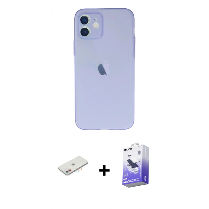 MARSİLYAN™- iPhone 12 Kılıf Atlas Minimal Prime - Siyah Bilvis 5in1 5D Magic Hayalet Cam Ekran Koruyucu + Renkli Kamera Lens Koruma Cam - PE