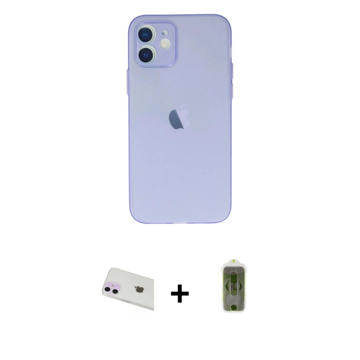 MARSİLYAN™- iPhone 12 Kılıf Atlas Minimal Prime - Siyah Joko Magic 5D Hayalet Cam + Mor Rainbow Kamera Lens Koruma Cam