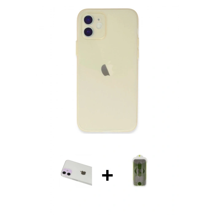 MARSİLYAN™- iPhone 12 Kılıf Atlas Minimal Prime - Siyah Joko Magic 5D Hayalet Cam + Mor Rainbow Kamera Lens Koruma Cam