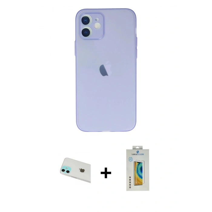 MARSİLYAN™- iPhone 12 Kılıf Atlas Minimal Prime - Siyah Polymer Nano Ekran Koruyucu + Rainbow Kamera Lens Koruma Cam - YL