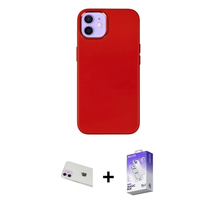 MARSİLYAN™- iPhone 12 Kılıf Çekirdek Çizgi - Siyah Bilvis 5in1 3D Magic Cam Ekran Koruyucu + Rainbow Kamera Lens Koruma Cam - MR