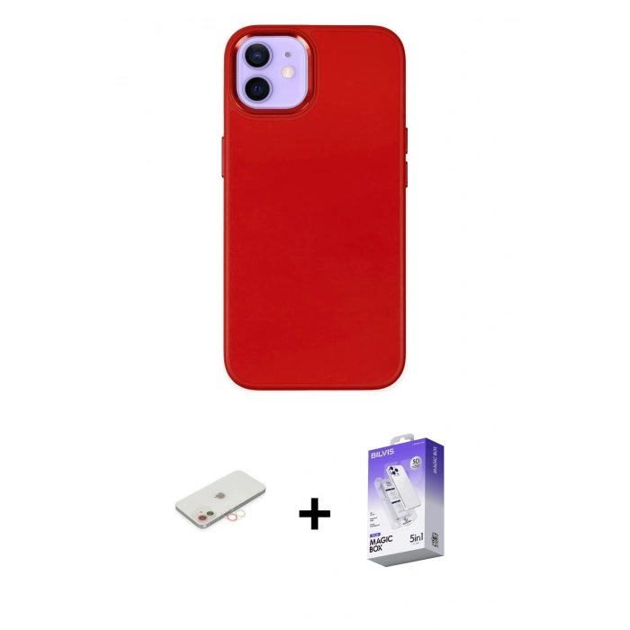 MARSİLYAN™- iPhone 12 Kılıf Çekirdek Çizgi - Siyah Bilvis 5in1 3D Magic Cam Ekran Koruyucu + Renkli Kamera Lens Koruma Cam - YL