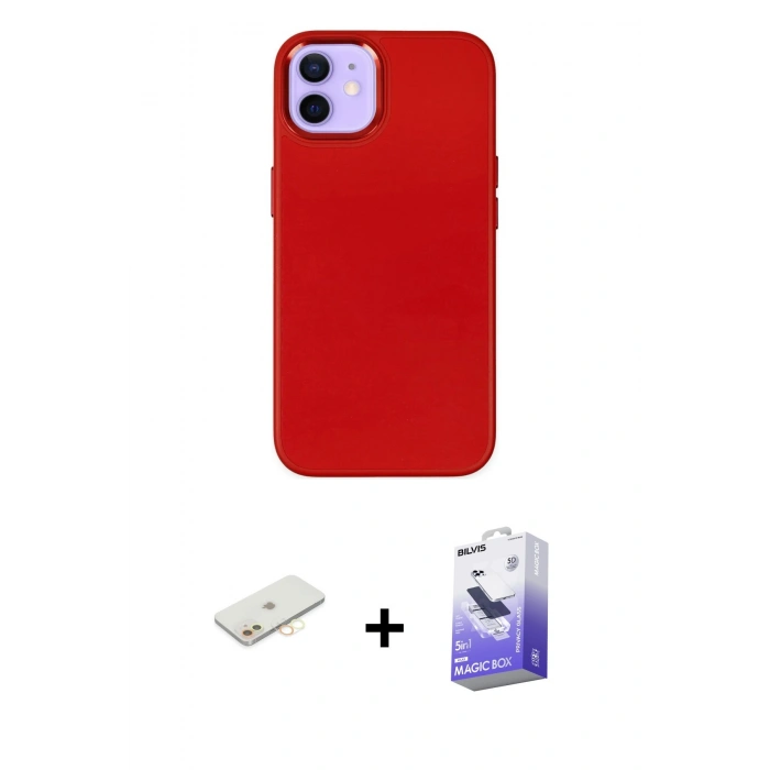 MARSİLYAN™- iPhone 12 Kılıf Çekirdek Çizgi - Siyah Bilvis 5in1 5D Magic Hayalet Cam Ekran Koruyucu + Renkli Kamera Lens Koruma Cam - SI