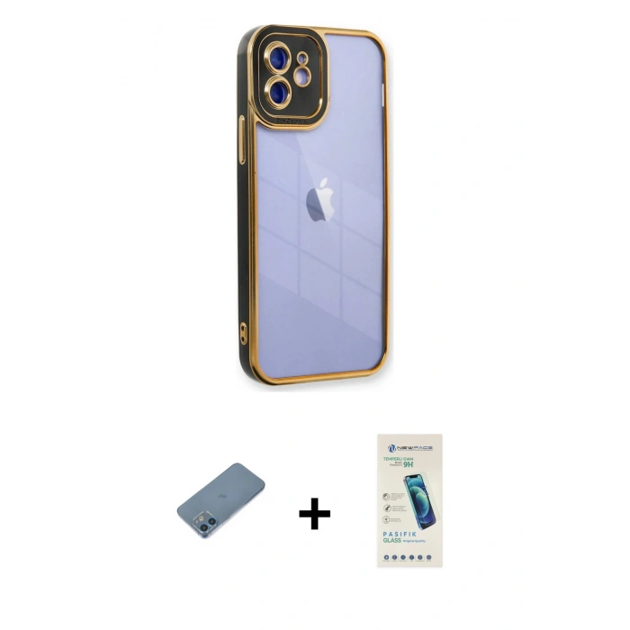 MARSİLYAN™- iPhone 12 Kılıf Çekirdek Klasik Serisi - Şeffaf Pasifik Cam Ekran Koruyucu + Shine Kamera Lens Koruma Cam - MI