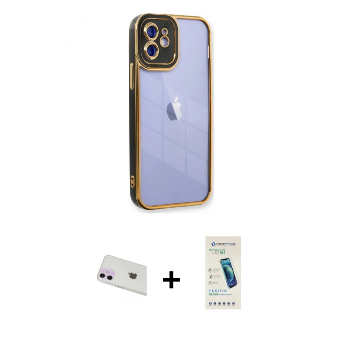 MARSİLYAN™- iPhone 12 Kılıf Çekirdek Klasik Serisi - Şeffaf Pasifik Cam Ekran Koruyucu + Rainbow Kamera Lens Koruma Cam - MR