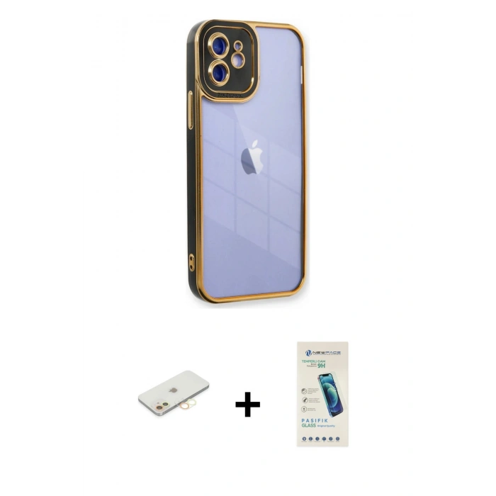 MARSİLYAN™- iPhone 12 Kılıf Çekirdek Klasik Serisi - Şeffaf Pasifik Cam Ekran Koruyucu + Renkli Kamera Lens Koruma Cam - SI