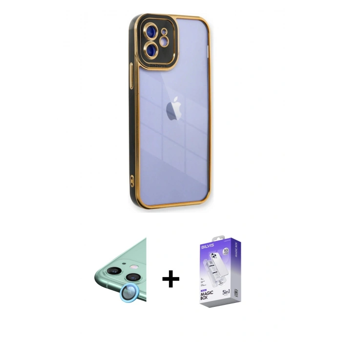 MARSİLYAN™- iPhone 12 Kılıf Çekirdek Klasik Serisi - Siyah Bilvis 5in1 3D Magic Cam Ekran Koruyucu + Mavi Raze Metal Kamera Lens