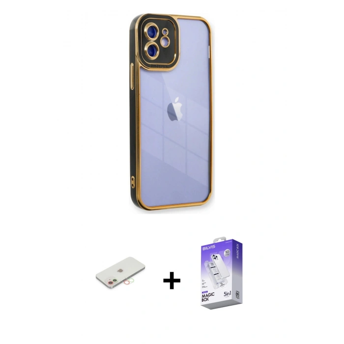 MARSİLYAN™- iPhone 12 Kılıf Çekirdek Klasik Serisi - Siyah Bilvis 5in1 3D Magic Cam Ekran Koruyucu + Renkli Kamera Lens Koruma Cam - YL