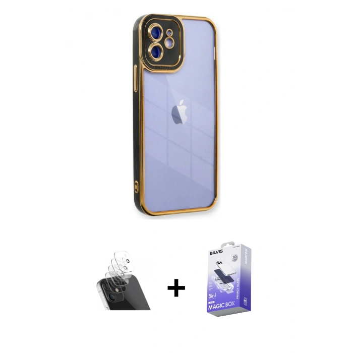 MARSİLYAN™- iPhone 12 Kılıf Çekirdek Klasik Serisi - Siyah Bilvis 5in1 5D Magic Hayalet Cam Ekran Koruyucu + Kamera Lens Koruma Cam - SF