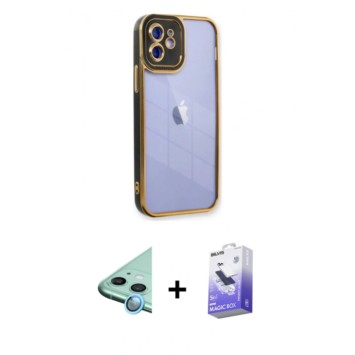 MARSİLYAN™- iPhone 12 Kılıf Çekirdek Klasik Serisi - Siyah Bilvis 5in1 5D Magic Hayalet Cam Ekran Koruyucu + Raze Metal Kamera Lens - MI