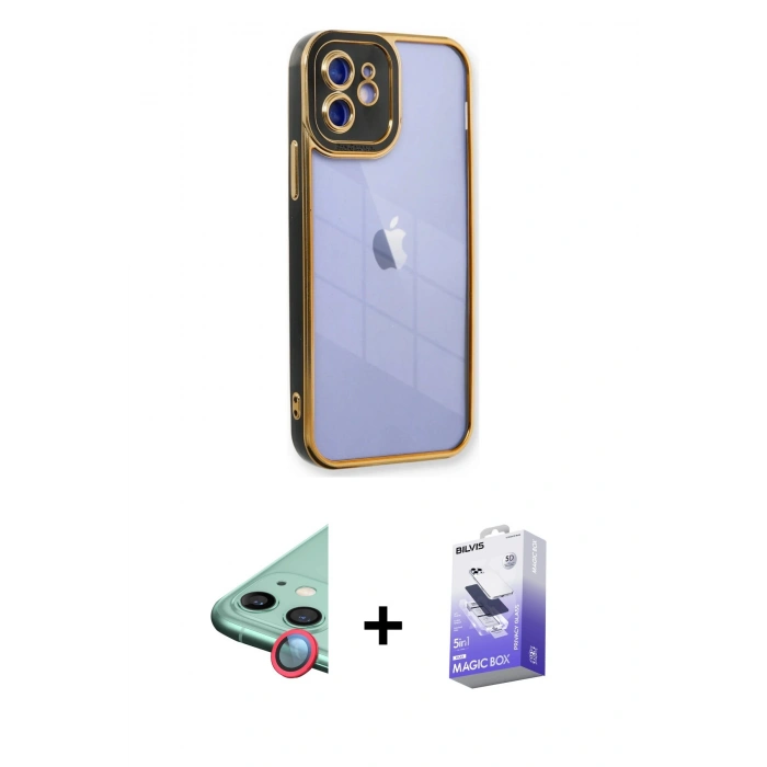 MARSİLYAN™- iPhone 12 Kılıf Çekirdek Klasik Serisi - Siyah Bilvis 5in1 5D Magic Hayalet Cam Ekran Koruyucu + Raze Metal Kamera Lens - KI