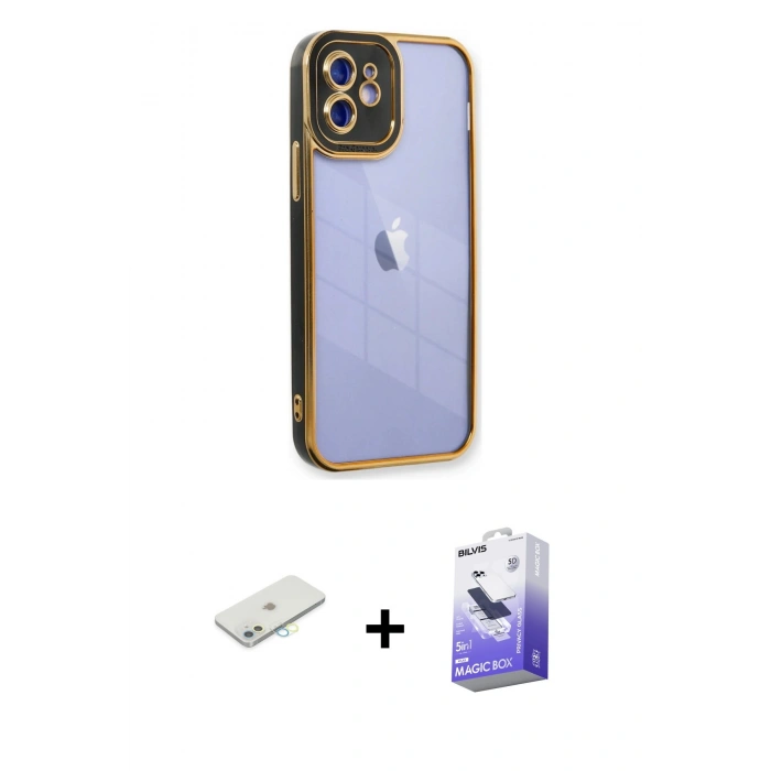 MARSİLYAN™- iPhone 12 Kılıf Çekirdek Klasik Serisi - Siyah Bilvis 5in1 5D Magic Hayalet Cam Ekran Koruyucu + Renkli Kamera Lens Koruma Cam - SI
