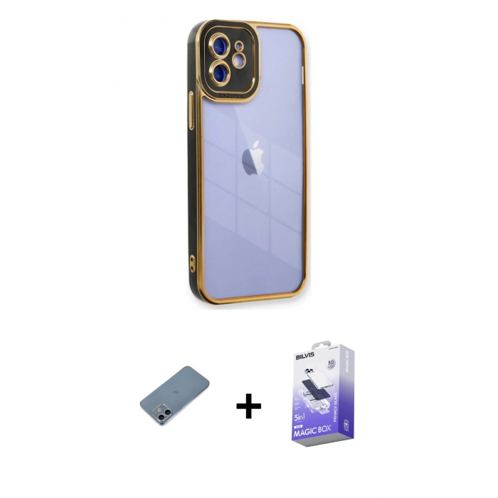 MARSİLYAN™- iPhone 12 Kılıf Çekirdek Klasik Serisi - Siyah Bilvis 5in1 5D Magic Hayalet Cam Ekran Koruyucu + Shine Kamera Lens Koruma Cam - SABE