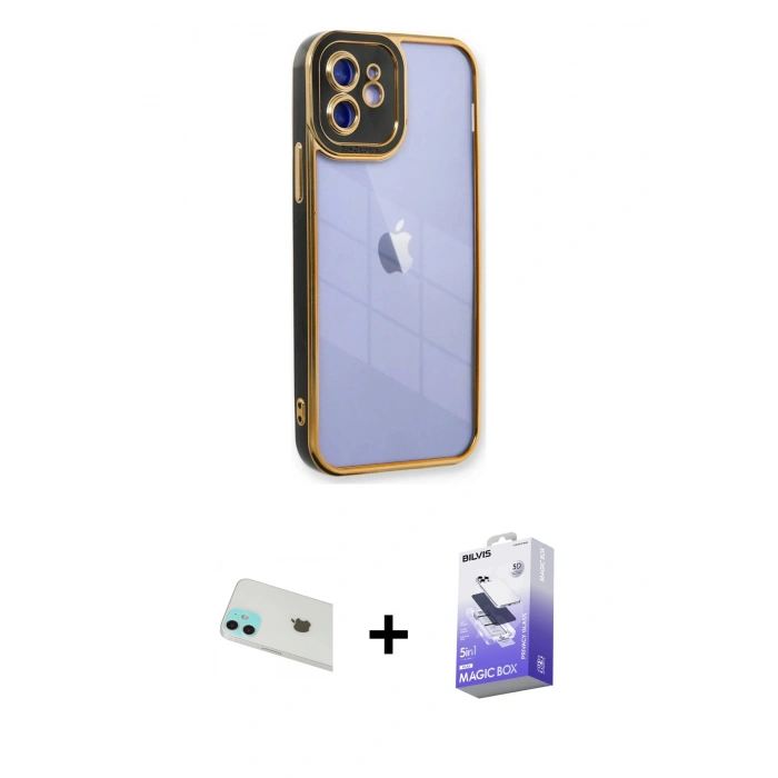 MARSİLYAN™- iPhone 12 Kılıf Çekirdek Klasik Serisi - Siyah Bilvis 5in1 5D Magic Hayalet Cam Ekran Koruyucu + Yeşil Rainbow Kamera Lens Koruma Cam