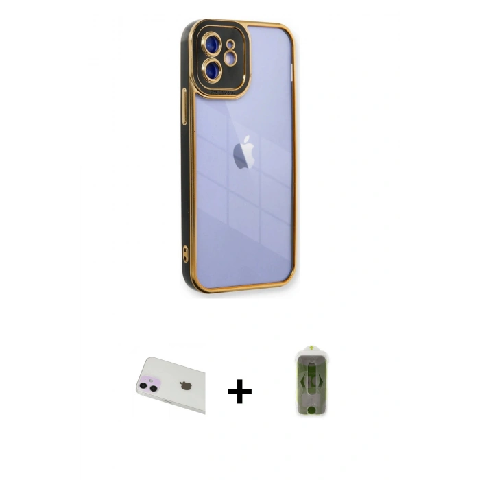 MARSİLYAN™- iPhone 12 Kılıf Çekirdek Klasik Serisi - Siyah Joko Magic 5D Hayalet Cam + Rainbow Kamera Lens Koruma Cam - MR