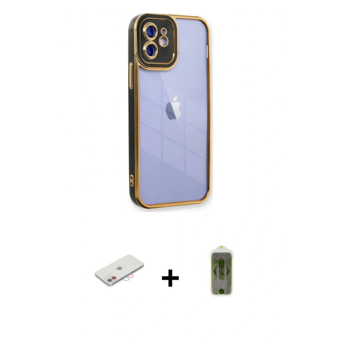 MARSİLYAN™- iPhone 12 Kılıf Çekirdek Klasik Serisi - Siyah Joko Magic 5D Hayalet Cam + Renkli Kamera Lens Koruma Cam - PE