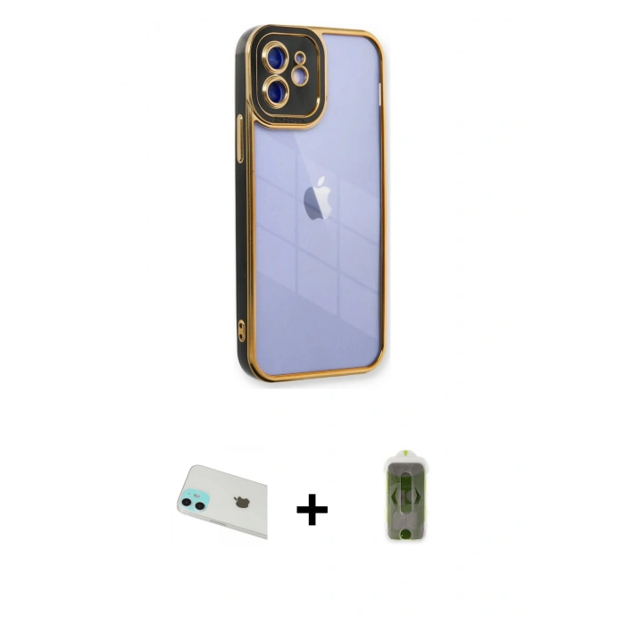 MARSİLYAN™- iPhone 12 Kılıf Çekirdek Klasik Serisi - Siyah Joko Magic 5D Hayalet Cam + Rainbow Kamera Lens Koruma Cam - YL