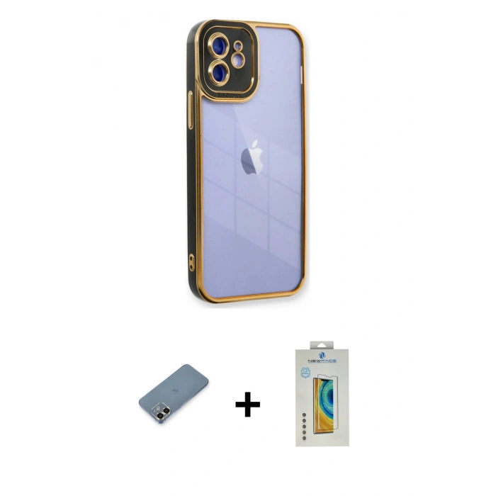 MARSİLYAN™- iPhone 12 Kılıf Çekirdek Klasik Serisi - Siyah Polymer Nano Ekran Koruyucu + Metal Kamera Lens Koruma Cam - GD