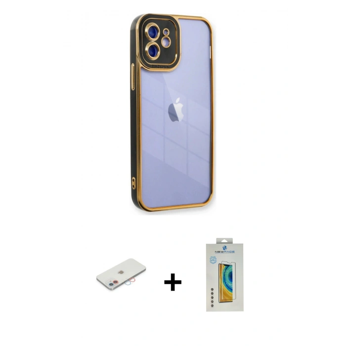 MARSİLYAN™- iPhone 12 Kılıf Çekirdek Klasik Serisi - Siyah Polymer Nano Ekran Koruyucu + Renkli Kamera Lens Koruma Cam - PE
