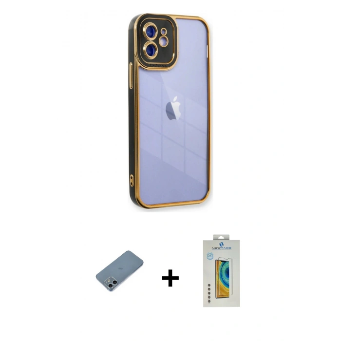 MARSİLYAN™- iPhone 12 Kılıf Çekirdek Klasik Serisi - Siyah Polymer Nano Ekran Koruyucu + Shine Kamera Lens Koruma Cam - SABE