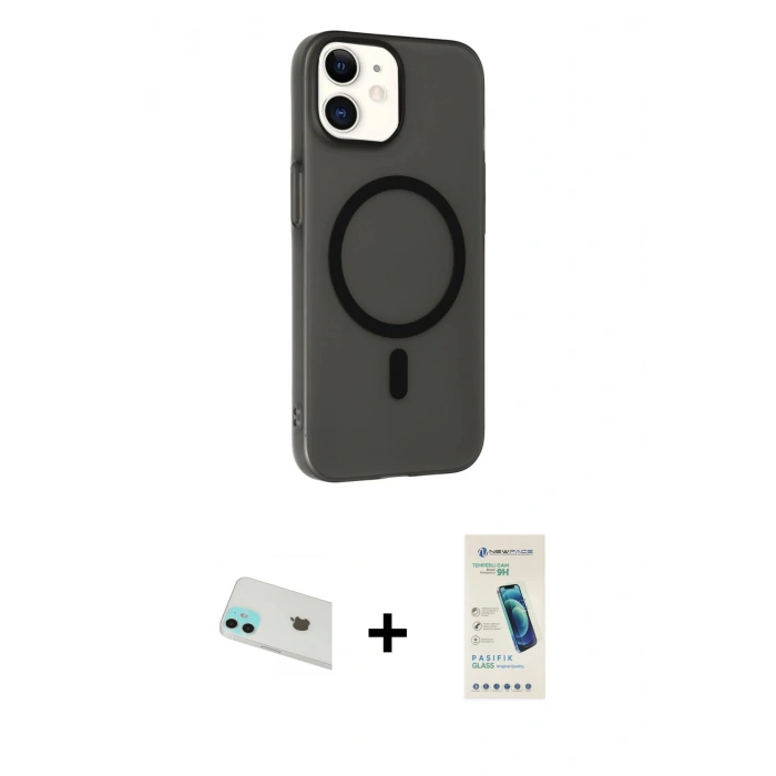 MARSİLYAN™- iPhone 12 Kılıf Çekirdek Modern Prime - Şeffaf Pasifik Cam Ekran Koruyucu + Rainbow Kamera Lens Koruma Cam - YL