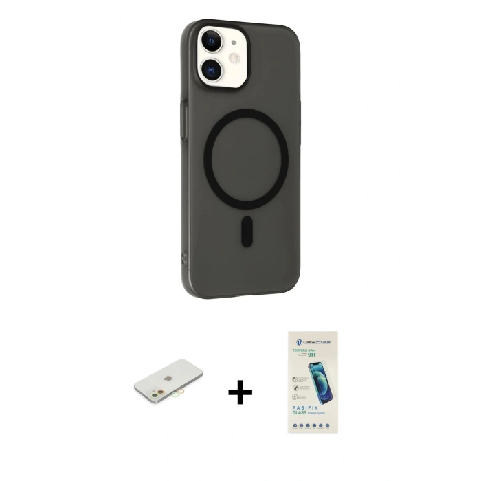 MARSİLYAN™- iPhone 12 Kılıf Çekirdek Modern Prime - Şeffaf Pasifik Cam Ekran Koruyucu + Renkli Kamera Lens Koruma Cam - TU