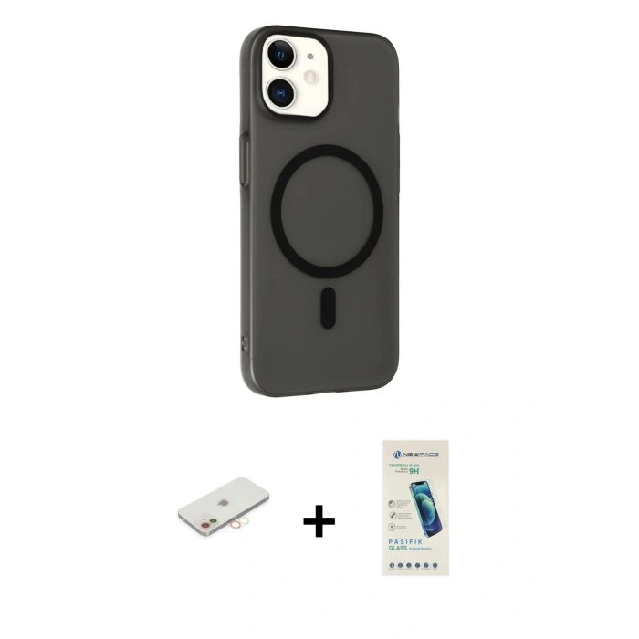 MARSİLYAN™- iPhone 12 Kılıf Çekirdek Modern Prime - Şeffaf Pasifik Cam Ekran Koruyucu + Renkli Kamera Lens Koruma Cam - YL