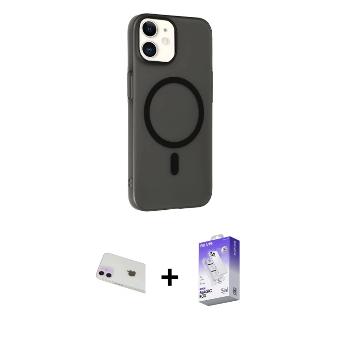MARSİLYAN™- iPhone 12 Kılıf Çekirdek Modern Prime - Siyah Bilvis 5in1 3D Magic Cam Ekran Koruyucu + Rainbow Kamera Lens Koruma Cam - MR