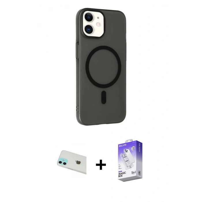 MARSİLYAN™- iPhone 12 Kılıf Çekirdek Modern Prime - Siyah Bilvis 5in1 3D Magic Cam Ekran Koruyucu + Rainbow Kamera Lens Koruma Cam - YL