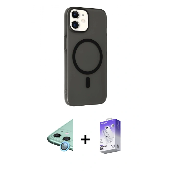 MARSİLYAN™- iPhone 12 Kılıf Çekirdek Modern Prime - Siyah Bilvis 5in1 3D Magic Cam Ekran Koruyucu + Raze Metal Kamera Lens - MI