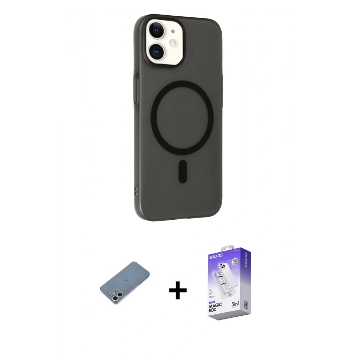 MARSİLYAN™- iPhone 12 Kılıf Çekirdek Modern Prime - Siyah Bilvis 5in1 3D Magic Cam Ekran Koruyucu + Shine Kamera Lens Koruma Cam - GS