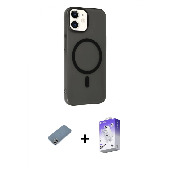 MARSİLYAN™- iPhone 12 Kılıf Çekirdek Modern Prime - Siyah Bilvis 5in1 3D Magic Cam Ekran Koruyucu + Shine Kamera Lens Koruma Cam - GI