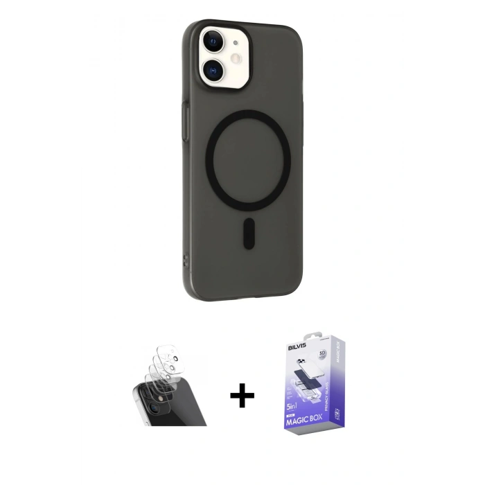 MARSİLYAN™- iPhone 12 Kılıf Çekirdek Modern Prime - Siyah Bilvis 5in1 5D Magic Hayalet Cam Ekran Koruyucu + Kamera Lens Koruma Cam - SF
