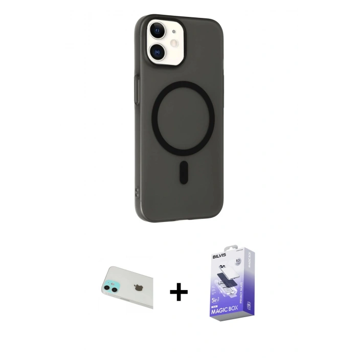 MARSİLYAN™- iPhone 12 Kılıf Çekirdek Modern Prime - Siyah Bilvis 5in1 5D Magic Hayalet Cam Ekran Koruyucu + Rainbow Kamera Lens Koruma Cam - YL