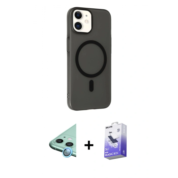 MARSİLYAN™- iPhone 12 Kılıf Çekirdek Modern Prime - Siyah Bilvis 5in1 5D Magic Hayalet Cam Ekran Koruyucu + Raze Metal Kamera Lens - MI