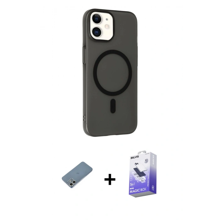 MARSİLYAN™- iPhone 12 Kılıf Çekirdek Modern Prime - Siyah Bilvis 5in1 5D Magic Hayalet Cam Ekran Koruyucu + Shine Kamera Lens Koruma Cam - GS