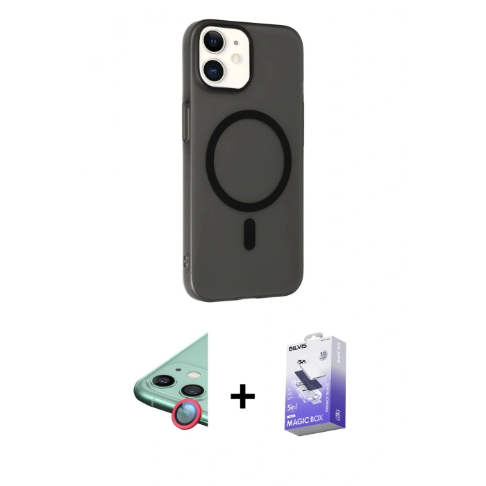 MARSİLYAN™- iPhone 12 Kılıf Çekirdek Modern Prime - Siyah Bilvis 5in1 5D Magic Hayalet Cam Ekran Koruyucu + Raze Metal Kamera Lens - KI