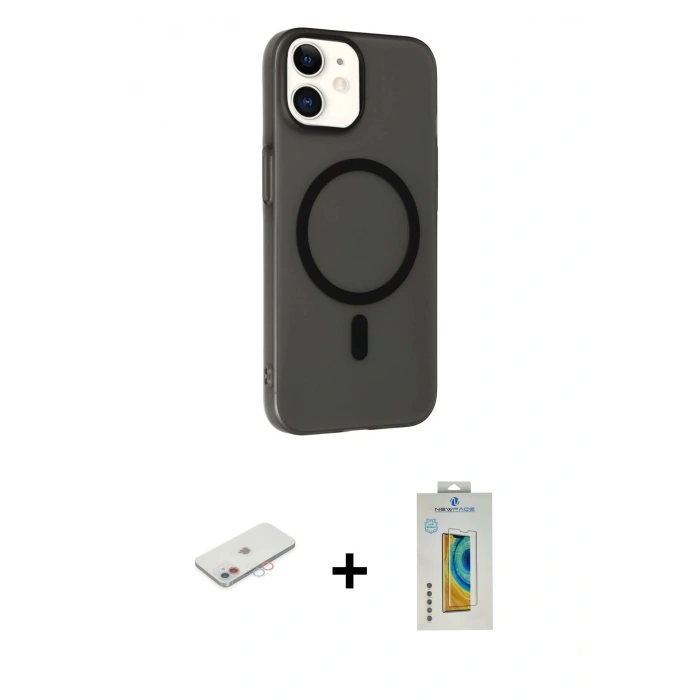 MARSİLYAN™- iPhone 12 Kılıf Çekirdek Modern Prime - Siyah Polymer Nano Ekran Koruyucu + Renkli Kamera Lens Koruma Cam - PE