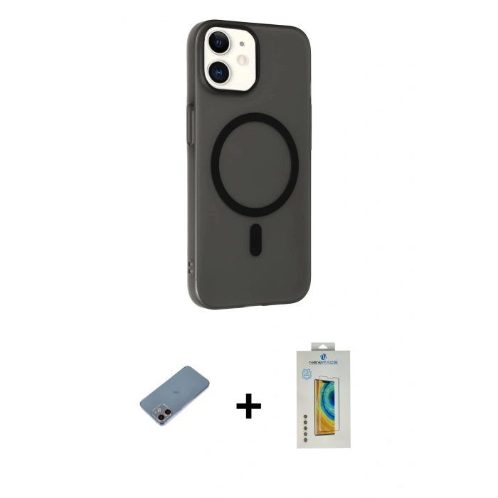 MARSİLYAN™- iPhone 12 Kılıf Çekirdek Modern Prime - Siyah Polymer Nano Ekran Koruyucu + Shine Kamera Lens Koruma Cam - PE