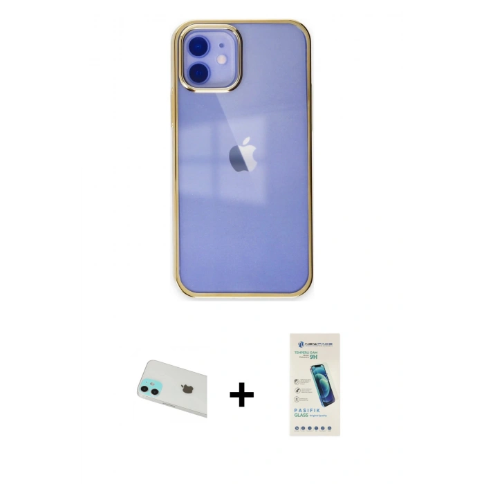 MARSİLYAN™- iPhone 12 Kılıf Doruk Doku Prime - Şeffaf Pasifik Cam Ekran Koruyucu + Rainbow Kamera Lens Koruma Cam - YL