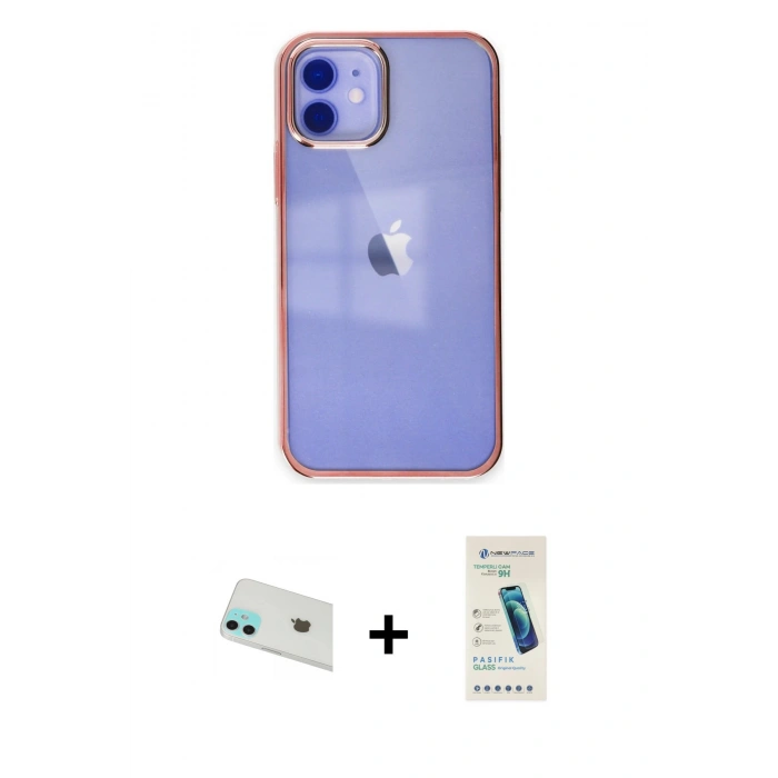 MARSİLYAN™- iPhone 12 Kılıf Doruk Doku Prime - Şeffaf Pasifik Cam Ekran Koruyucu + Rainbow Kamera Lens Koruma Cam - YL