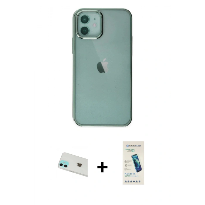 MARSİLYAN™- iPhone 12 Kılıf Doruk Doku Prime - Şeffaf Pasifik Cam Ekran Koruyucu + Rainbow Kamera Lens Koruma Cam - YL
