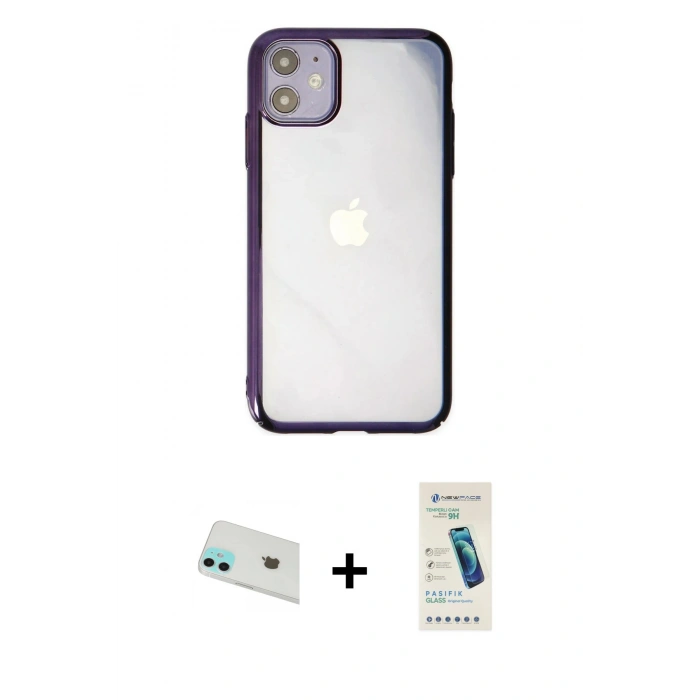 MARSİLYAN™- iPhone 12 Kılıf Doruk Doku Prime - Şeffaf Pasifik Cam Ekran Koruyucu + Rainbow Kamera Lens Koruma Cam - YL