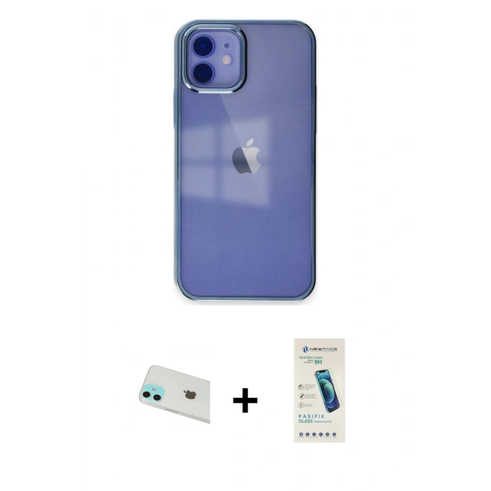 MARSİLYAN™- iPhone 12 Kılıf Doruk Doku Prime - Şeffaf Pasifik Cam Ekran Koruyucu + Rainbow Kamera Lens Koruma Cam - YL