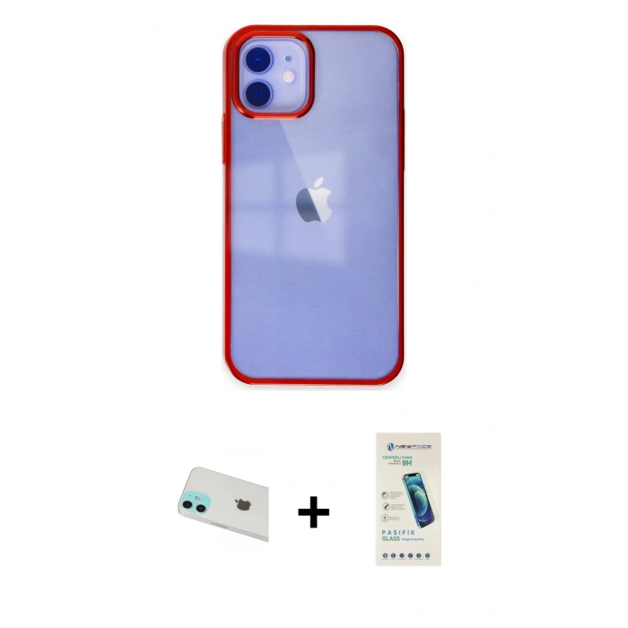 MARSİLYAN™- iPhone 12 Kılıf Doruk Doku Prime - Şeffaf Pasifik Cam Ekran Koruyucu + Rainbow Kamera Lens Koruma Cam - YL