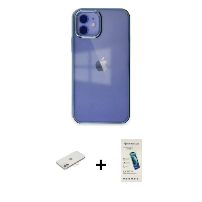 MARSİLYAN™- iPhone 12 Kılıf Doruk Doku Prime - Şeffaf Pasifik Cam Ekran Koruyucu + Renkli Kamera Lens Koruma Cam - PE
