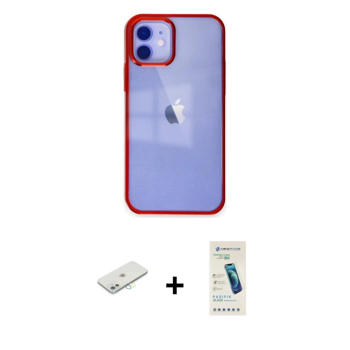 MARSİLYAN™- iPhone 12 Kılıf Doruk Doku Prime - Şeffaf Pasifik Cam Ekran Koruyucu + Renkli Kamera Lens Koruma Cam - SI