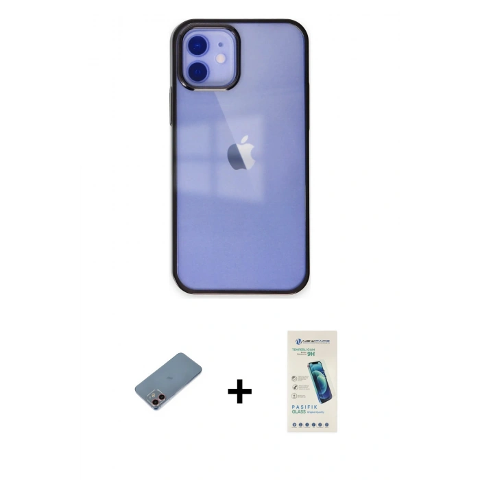 MARSİLYAN™- iPhone 12 Kılıf Doruk Doku Prime - Şeffaf Pasifik Cam Ekran Koruyucu + Shine Kamera Lens Koruma Cam - PE