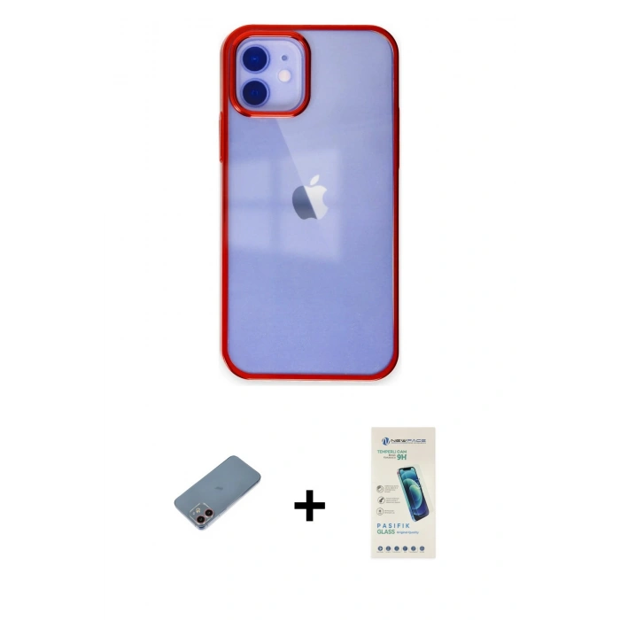MARSİLYAN™- iPhone 12 Kılıf Doruk Doku Prime - Şeffaf Pasifik Cam Ekran Koruyucu + Shine Kamera Lens Koruma Cam - PE