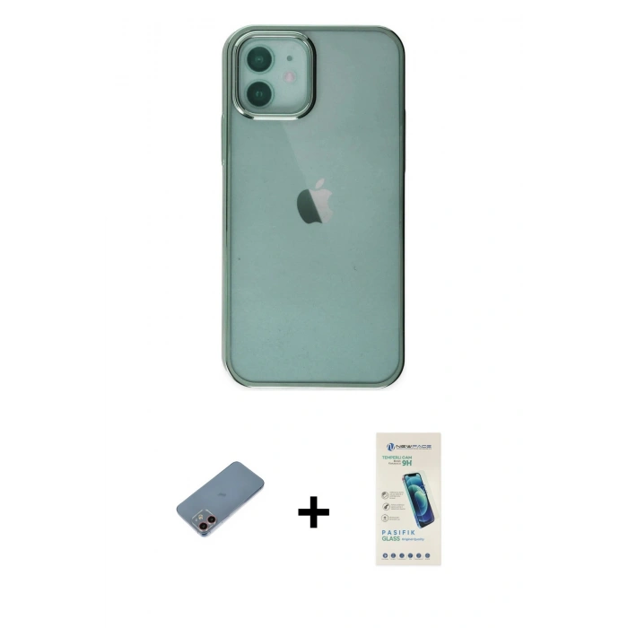 MARSİLYAN™- iPhone 12 Kılıf Doruk Doku Prime - Şeffaf Pasifik Cam Ekran Koruyucu + Shine Kamera Lens Koruma Cam - PE